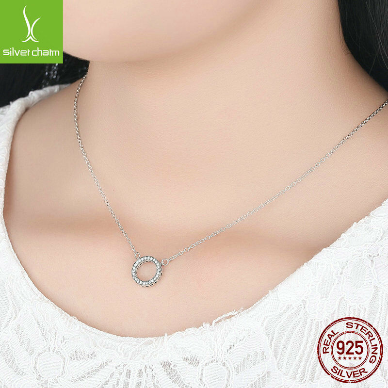 Fit Women 925 sterling Heart Necklace Clear CZ Round Shaped Chokers Pendant Gift