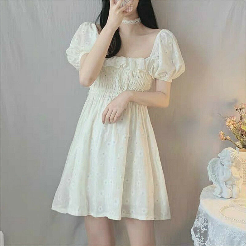 Women Girl Daisy Floral Dress Ruffle Short Puff Sleeve Mini Square Collar Sweet