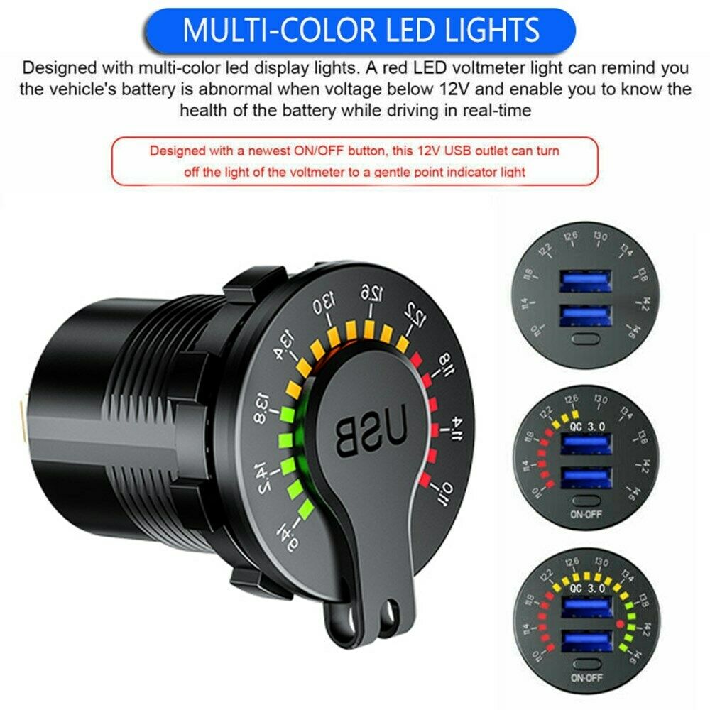 Dual USB Car Charger Socket Power Outlet QC3.0 36W LED Voltmeter for Car Boat