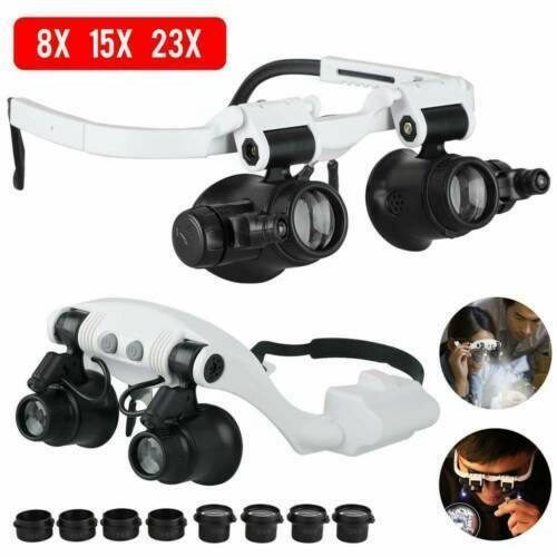 8x15x23x Double Eye Jewelry Watch Repair Tool Magnifier Loupe Glasses &LED Light