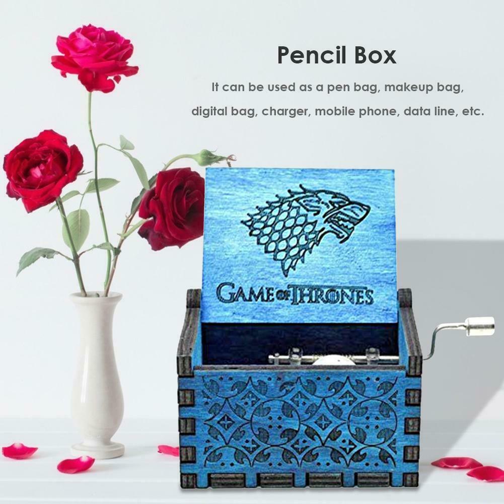 Retro Blue Wood Hand Cranked Music Box Child Xmas Gift Home Decor Ornament @