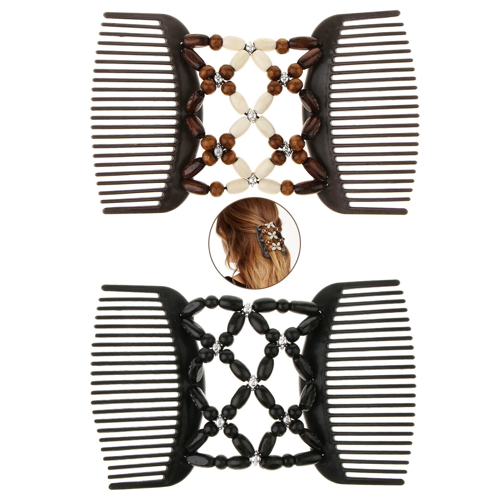 2 Pieces Double Hair Comb Clip, Magic Wood Beads Combs, Stretchy Hair Bun Beauty
