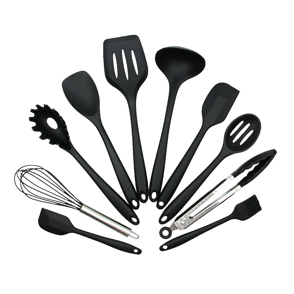 Household Silicone Cooking Kitchen Utensil Tools Spoon Spatula Black 10pcs