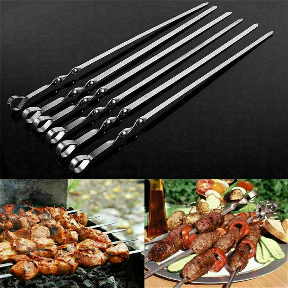 12PCS Kabob Skewers Flat Metal BBQ Barbecue Skewer Stainless Steel Shish Skewers