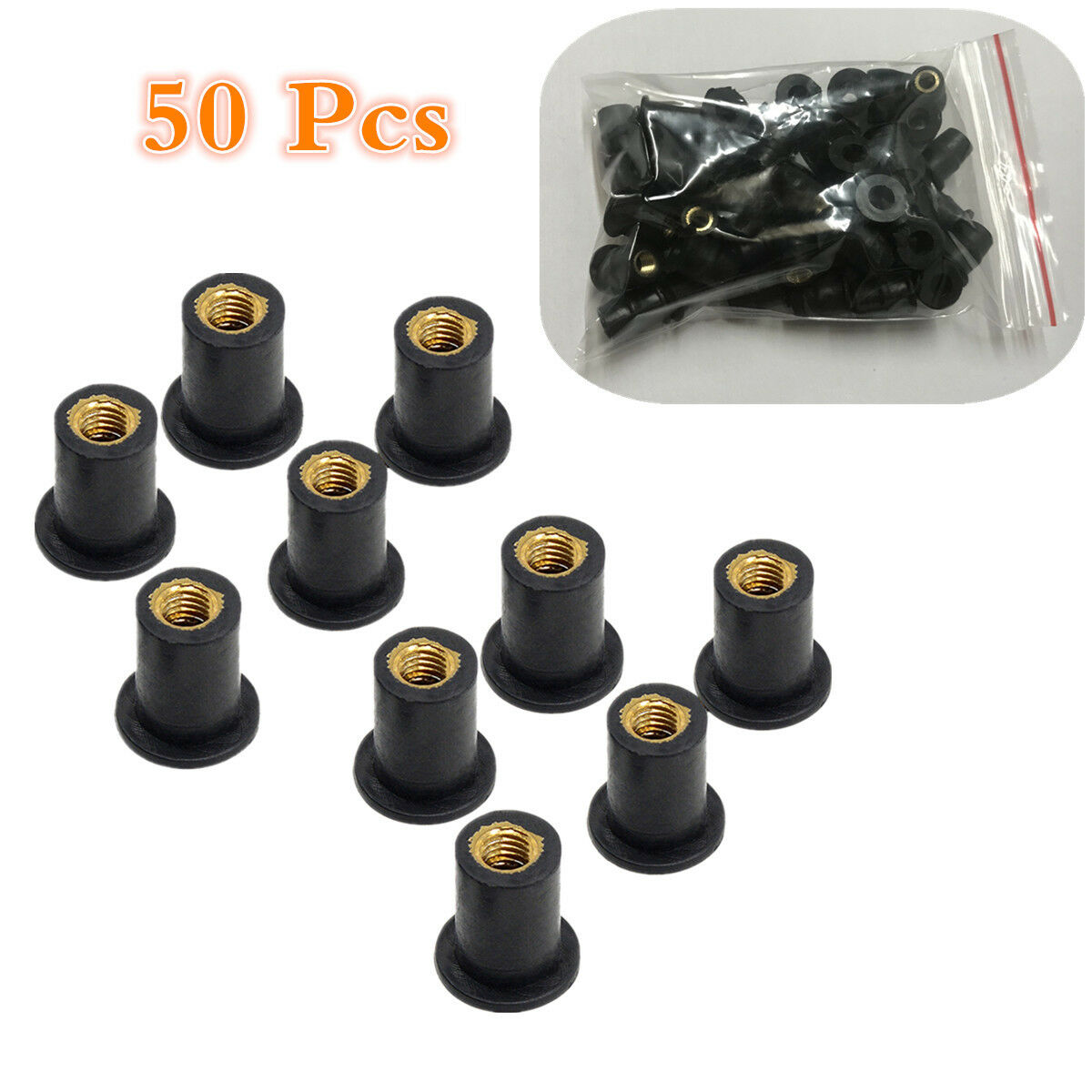 50 Pcs M5x0.8mm Thread Rubber Brass Motorcycle ATV Windscreen& Body Well Nuts