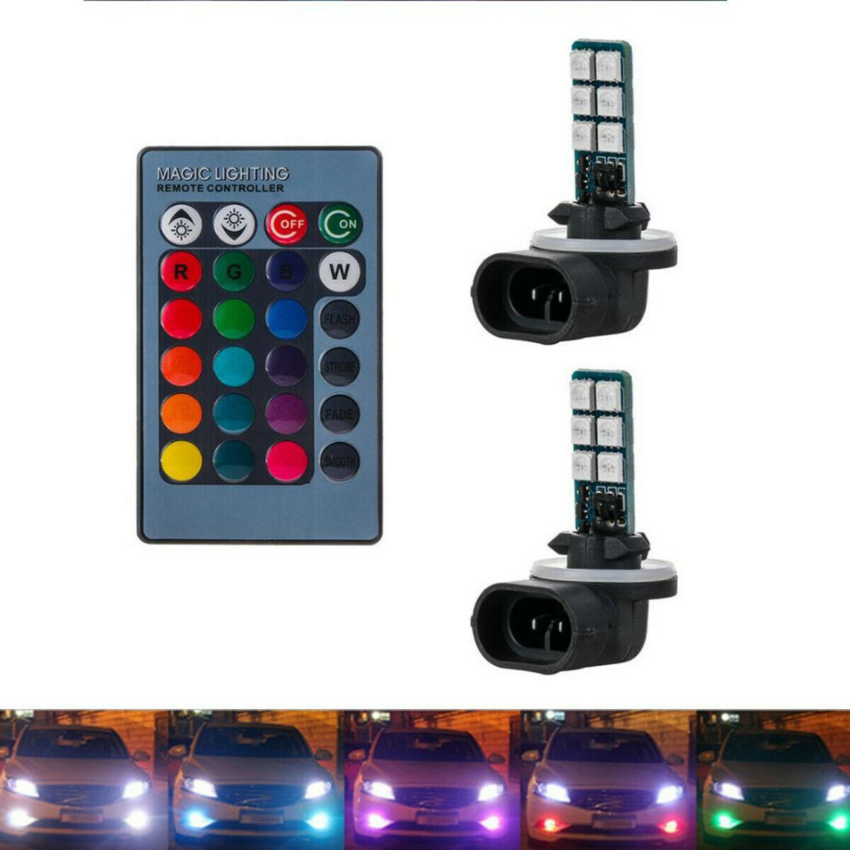 2 Pack 881 5050 Colourful LED RGB Car Headlight Fog Lights Lamp Bulb Accessories