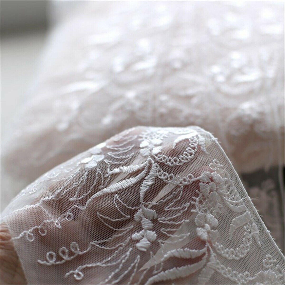 2M Delicate White Embroidered Tulle Lace Trim Bride Home Fabric Art Sewing