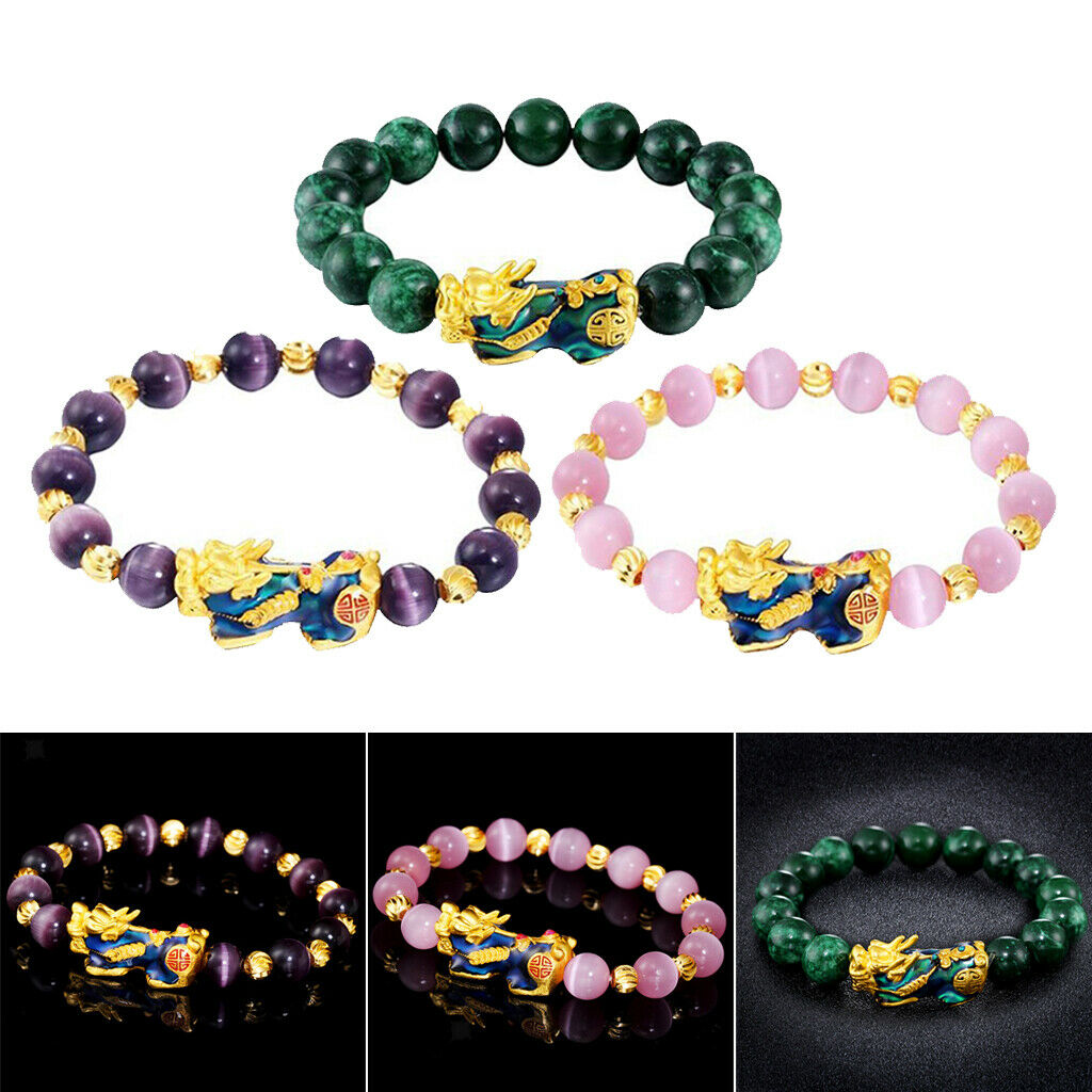 3x Chinese Feng Shui Black Obsidian Bead Pixiu Charms Alloy Bracelet Jewelry