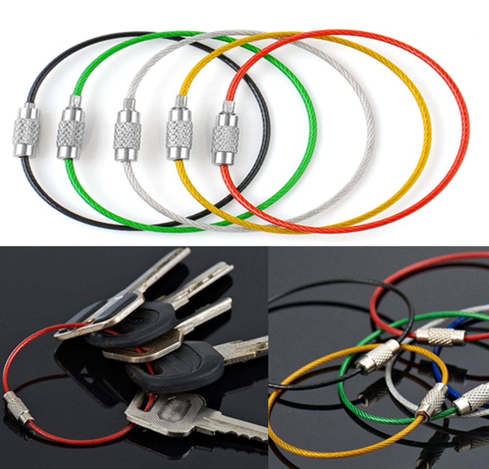 Outdoor Sports Carabiner Wire KEY CHAIN Cable Stainless Steel RING Screw Locking