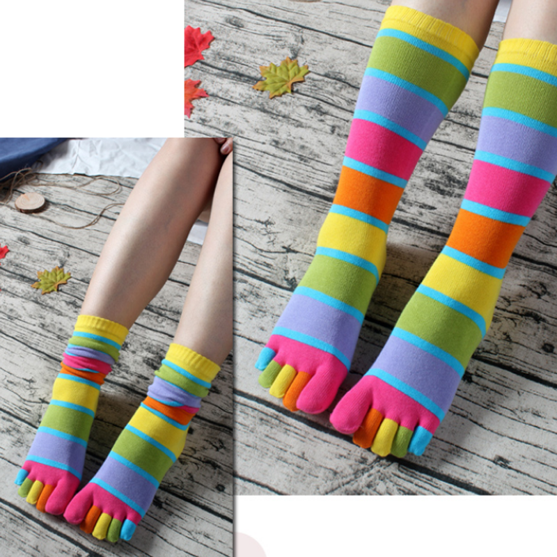 Womens Toe Socks 3 Pairs Cotton Rainbow Stripe Knee High Five Finger Socks Ankle
