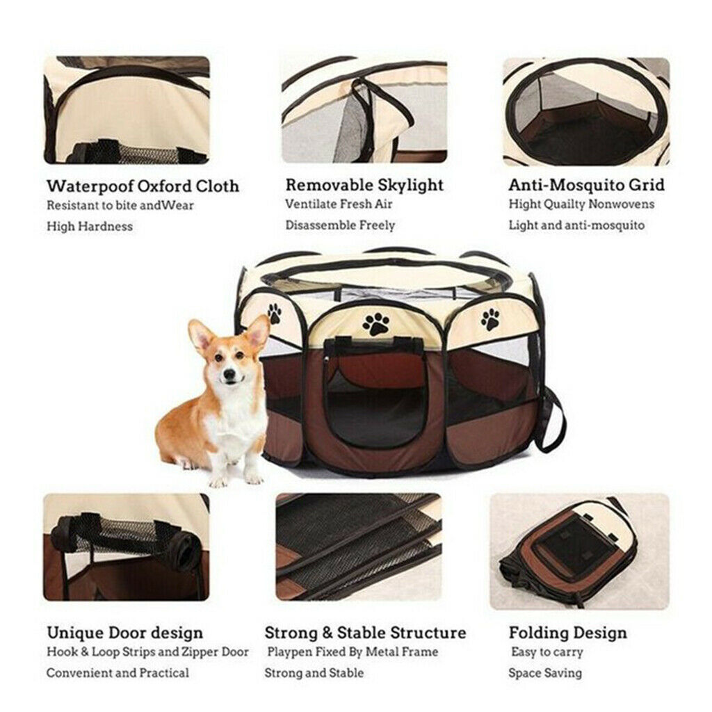 Pet Folding Playpen Portable 8-Panel Kennel Fences Tent Brown_S