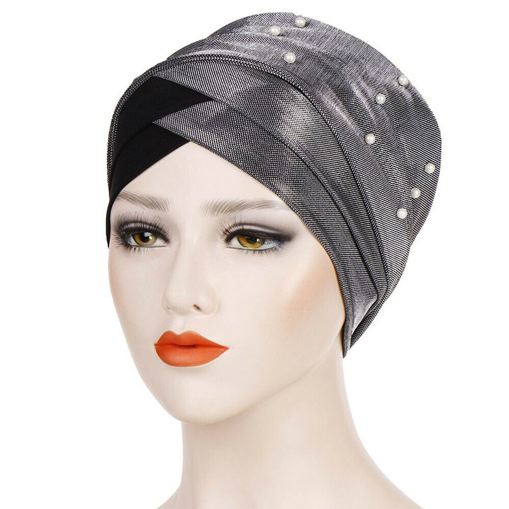 Womens Muslim Turban Hat Bright Silk Beads Cancer Chemo Cap Hair Loss Head Wrap
