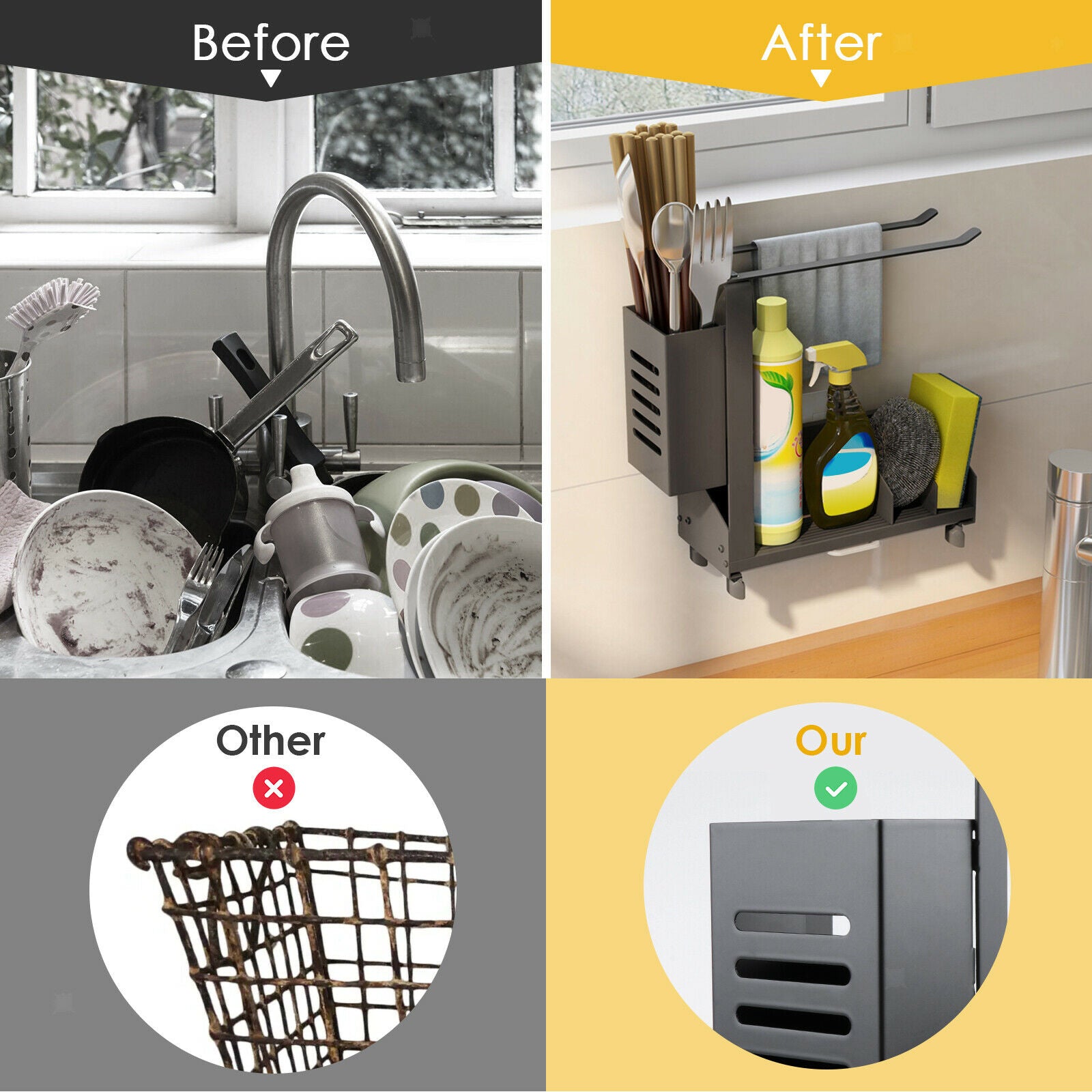 Kitchen Sink Organizer for Sink Brush Holder Countertop Kitchen Drying Rack