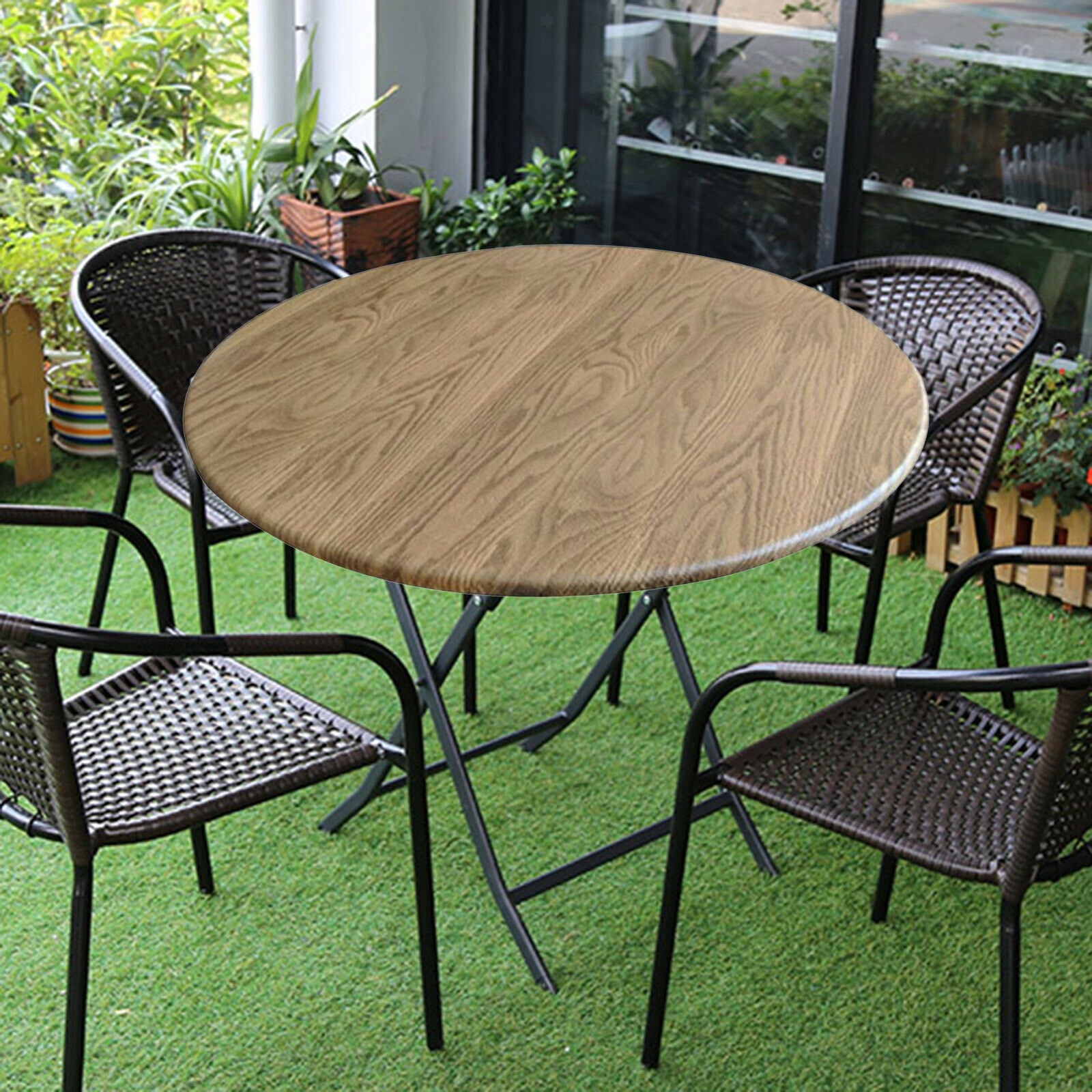 Round PVC Tablecloth Waterproof Table Cover Home Decor Wood Pattern