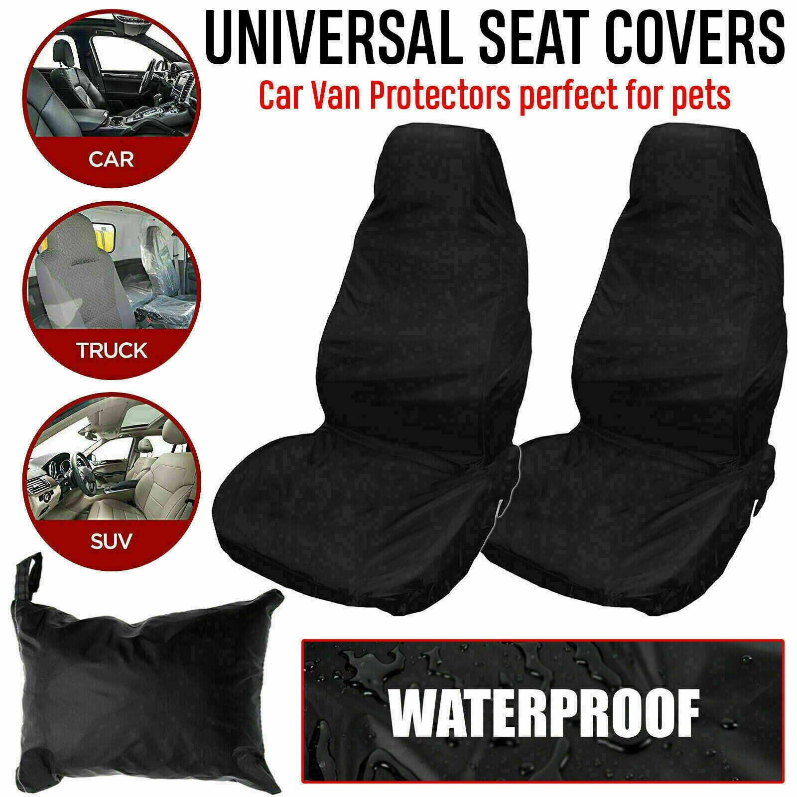 2X Universal Front Car/Van Seat Covers Protectors Black Waterproof Heavy Duty US