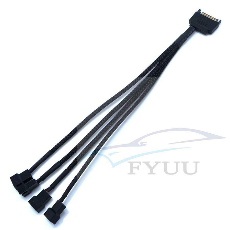 5Pcs 15-Pin Male SATA to 4 Fan 12V Sleeved Power Adapter Cable 12" / 30cm