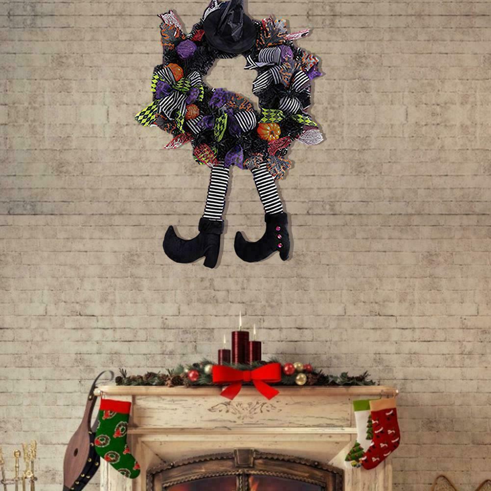 24 Inch Witch Halloween Wreath with Hat Legs Pumpkin Wreath Door Wall Decor