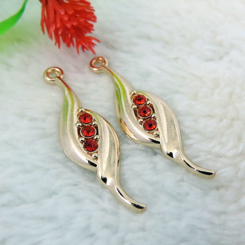 24 Golden Alloy Twisted Charm Red Rhinestone Pendant Earring DIY Jewelry 37*10mm