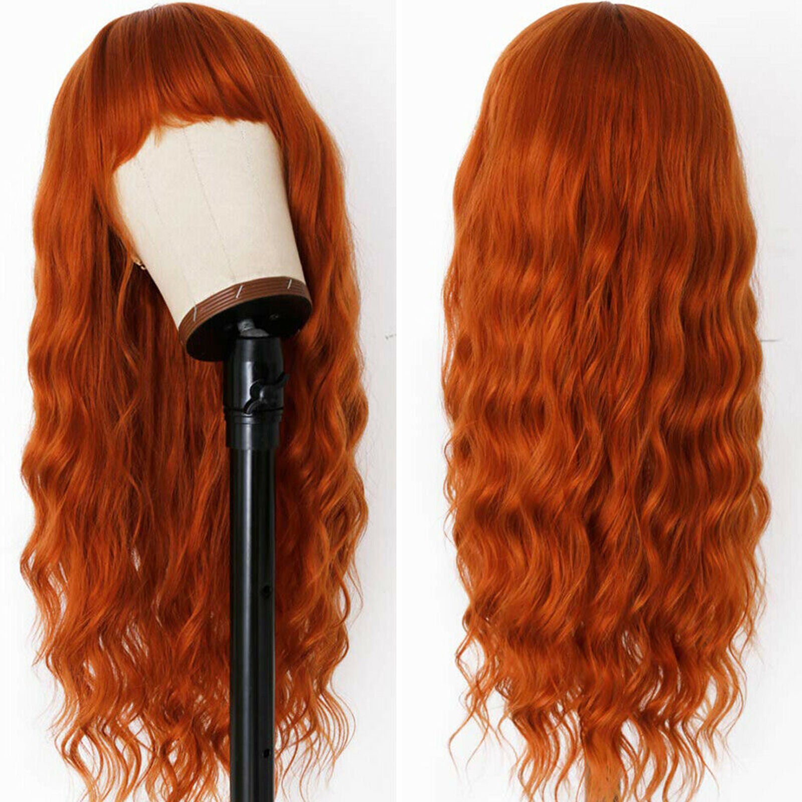 Long Loose Wavy Wig Orange Heat Resistant Synthetic Hair Wigs Full Bangs Natural