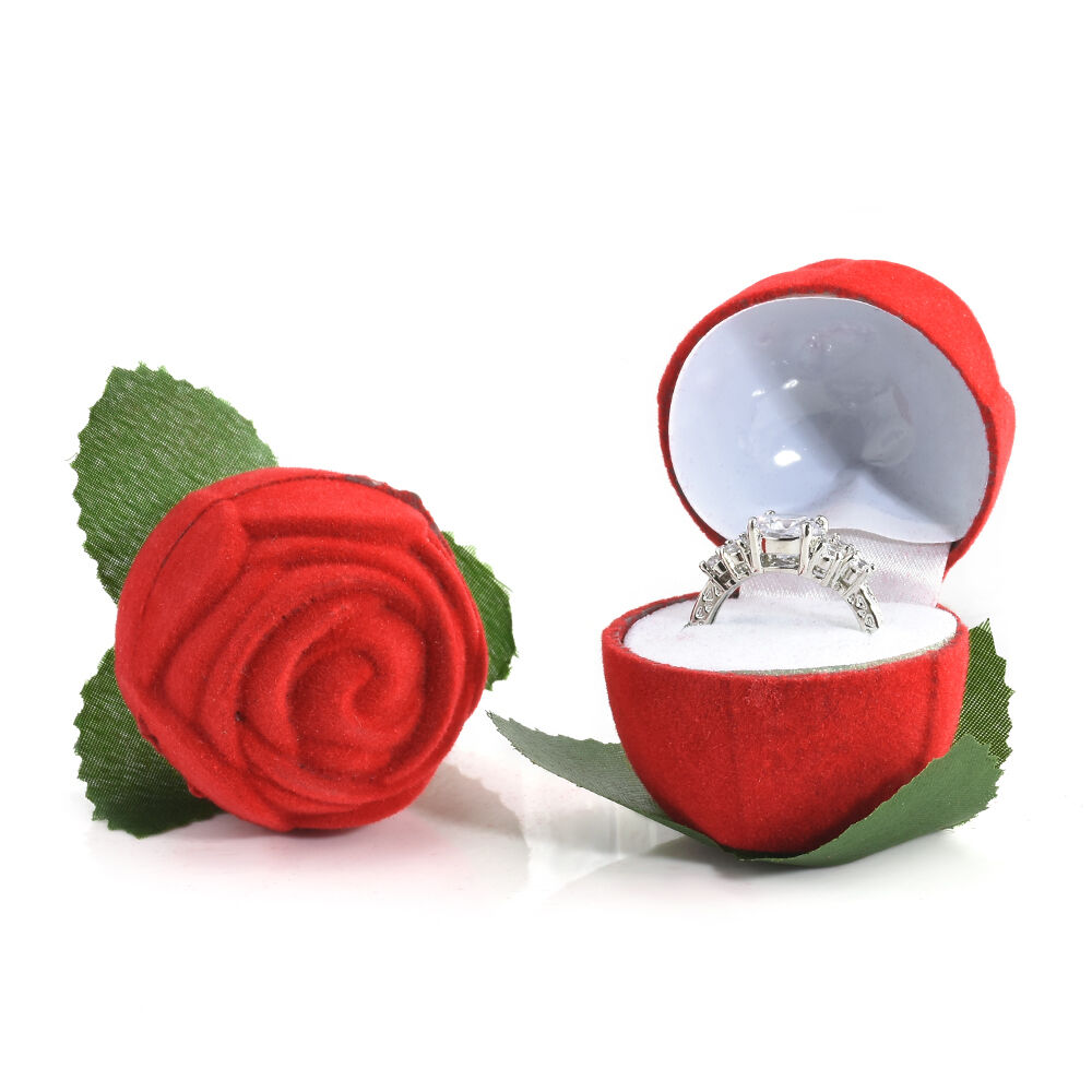 Red Rose Flower Velvet Ring Display Case Jewelry Storage Box Engagement Wedding