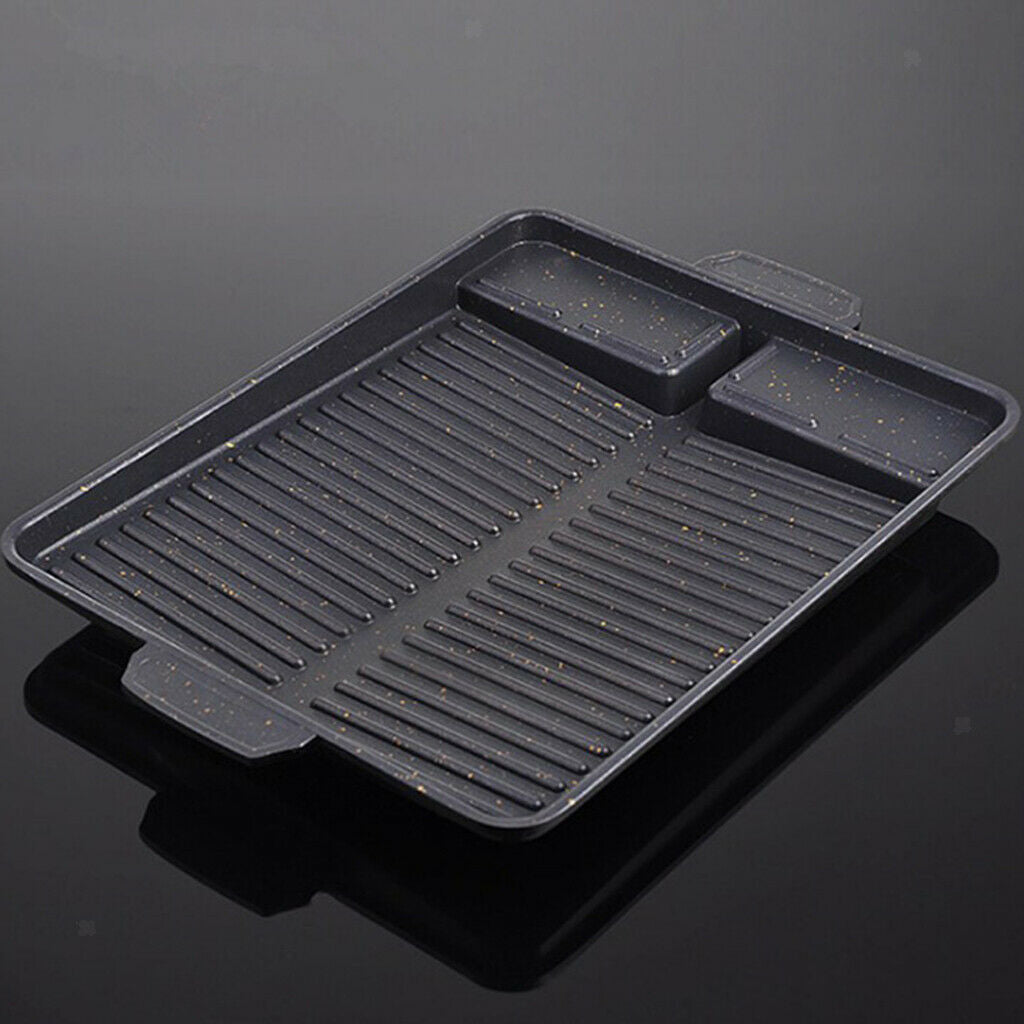 Aluminum BBQ Grill Pan Frying Plate Non-Stick w/ Handle Korean BBQ Black