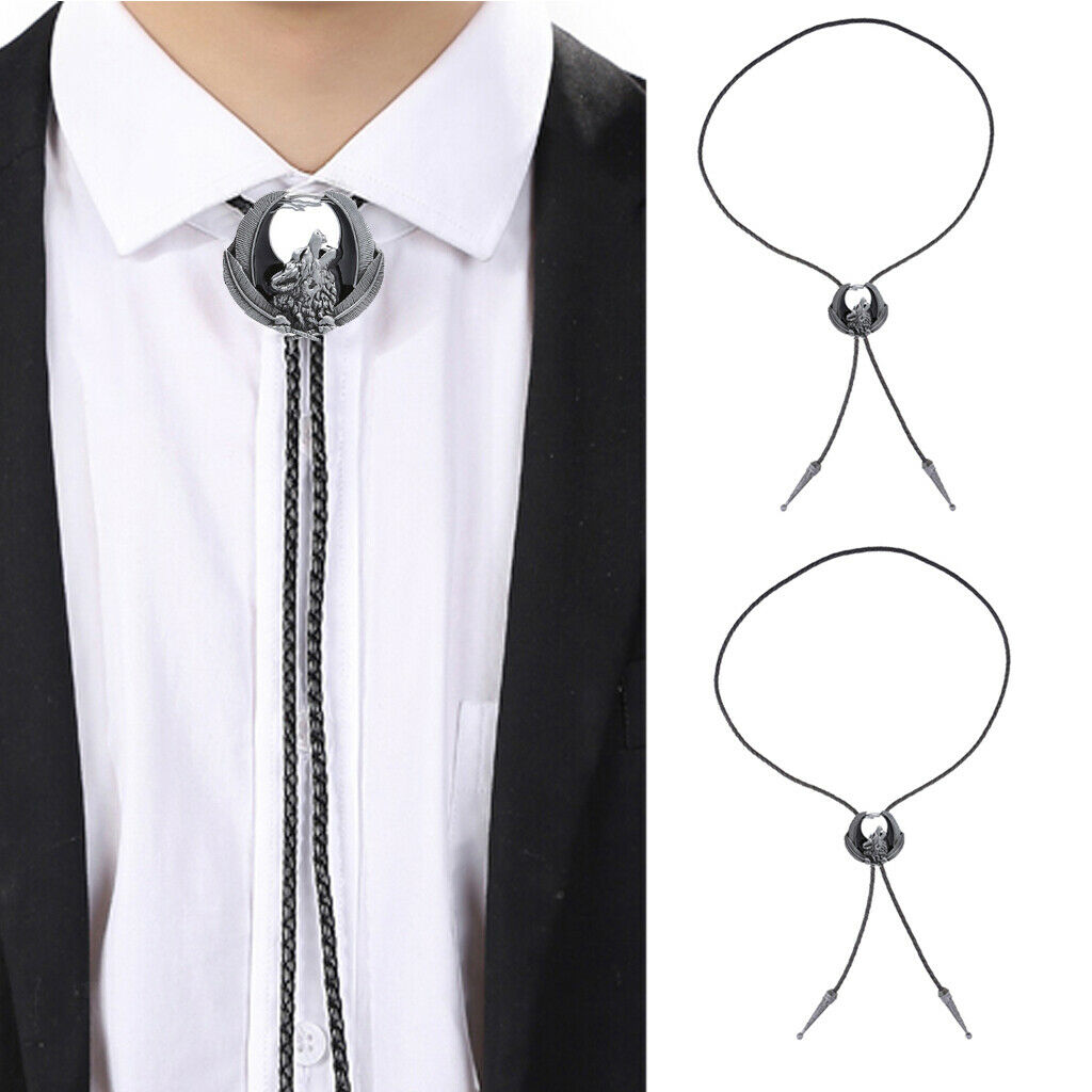 2 Pieces Retro Howling Wolf Bolo Tie Western Cowboy Leather Bola Necktie for Men