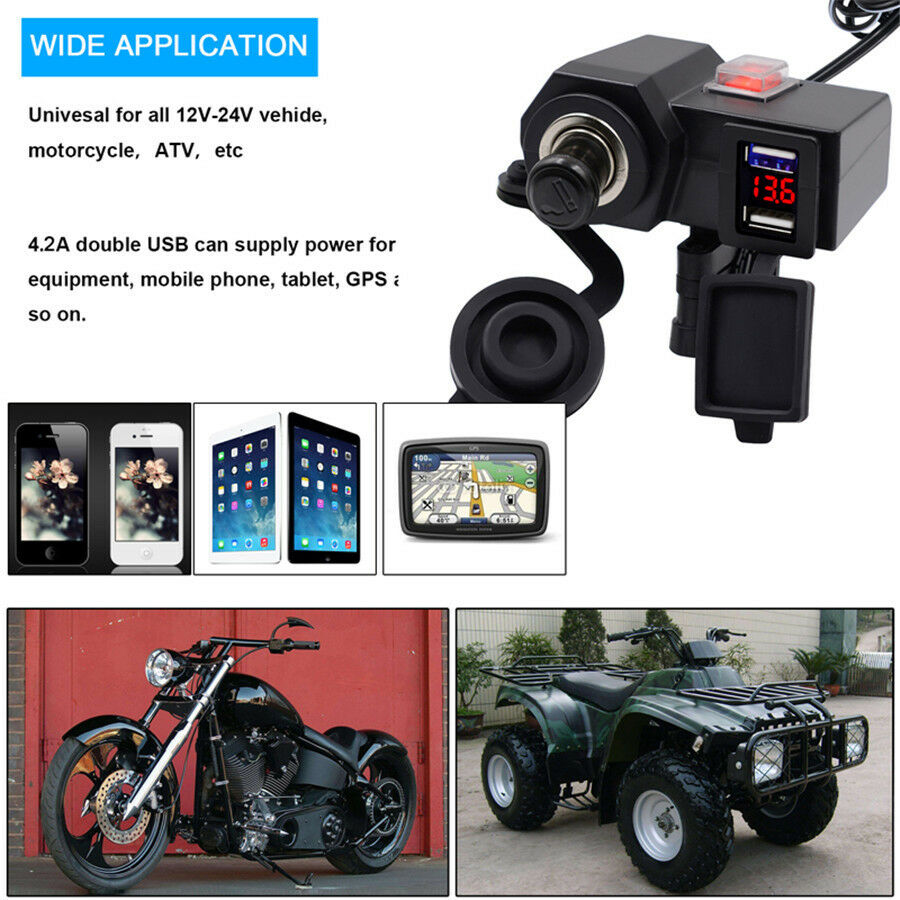 12-24V Motorcycle/Scooter/ATV Dual USB Power Port Charger Blue LED + Voltmeter