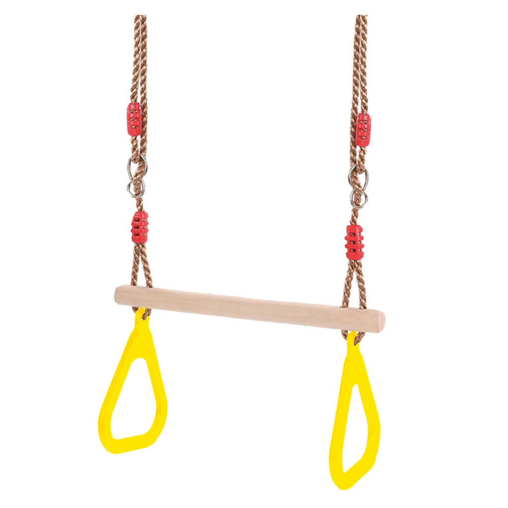 Wooden Trapeze Swing Plastic Triangular Gym Rings Fun Garden Play Yellow