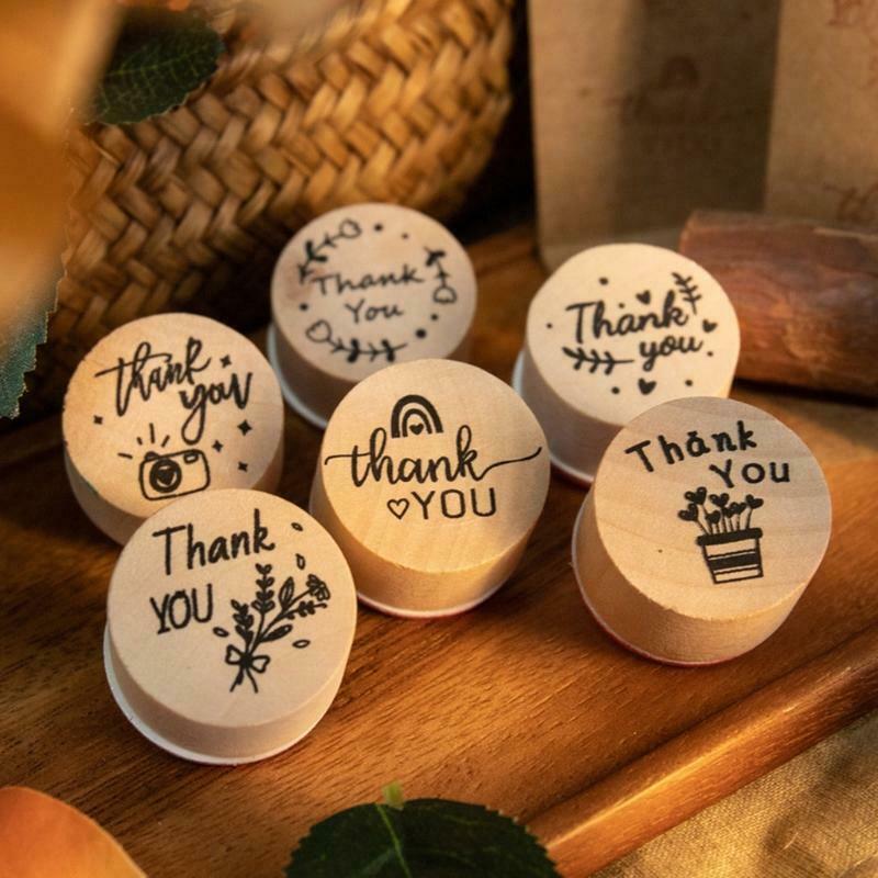 6pcs Card Making Stamps Set Thank You Decorative Mounted Wooden Rubber Stamp DIY