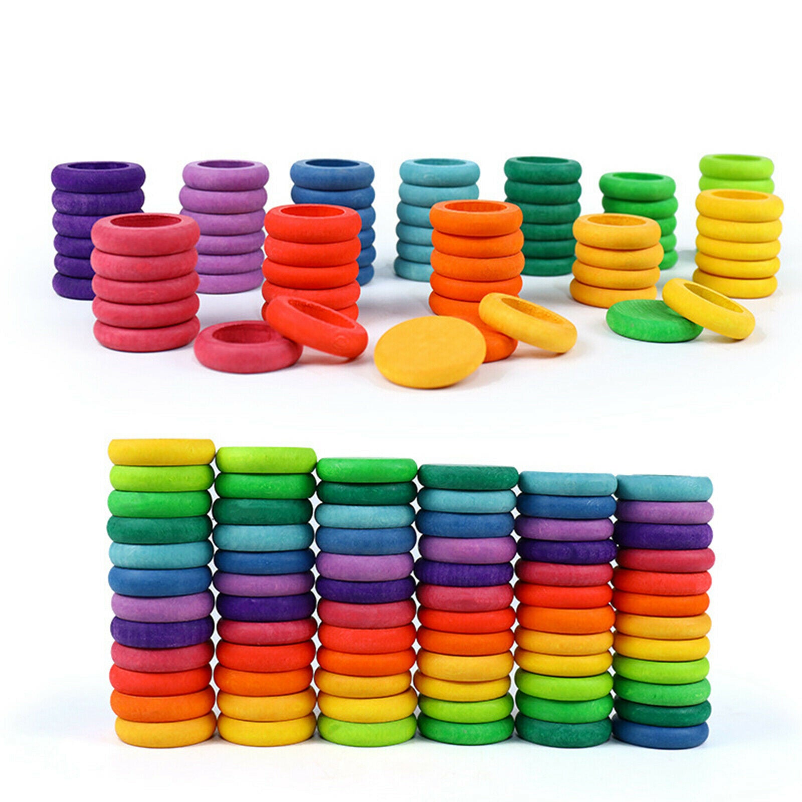 72 PCS Wooden Block - Donut & Pie Shape Preschool Recognition Color Stacking
