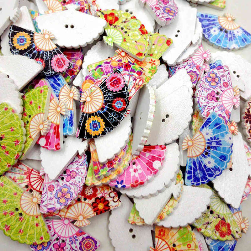 50pcs Fan Shape Wood Buttons Retro Ethnic Floral Sewing Crafts DIY Novelty Retro