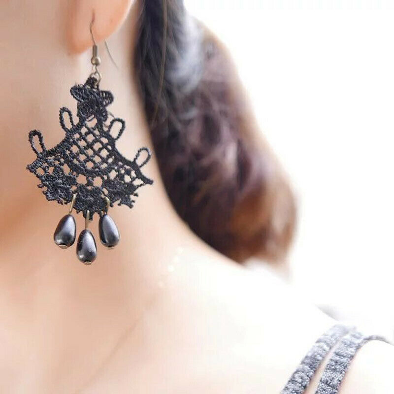Fashion Black Lace Jewellery Dangle Earrings w/ Beads Elegant Lolita Decor