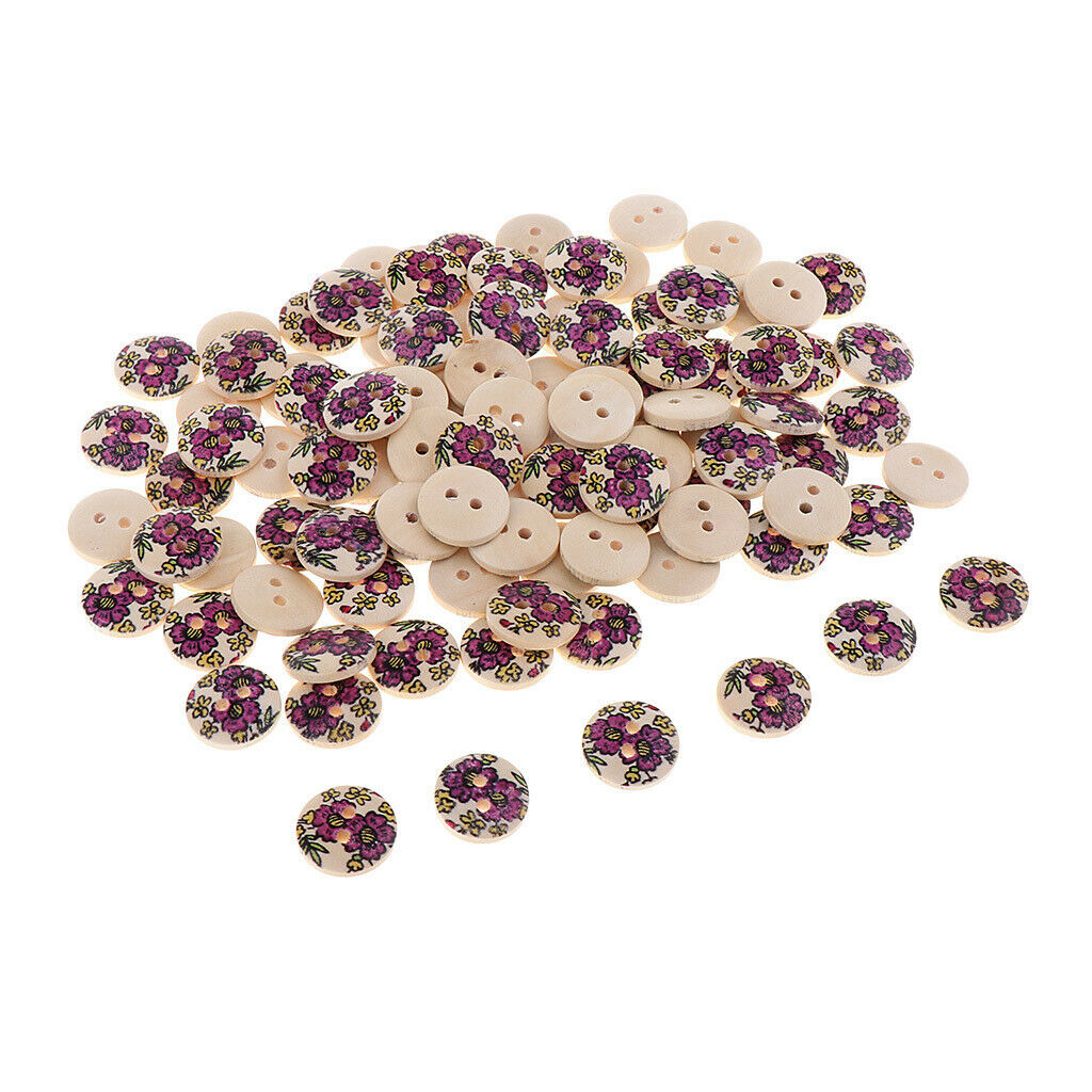 100 Printed Wooden Button 2 Holes Decorative Button for Garment Accessories