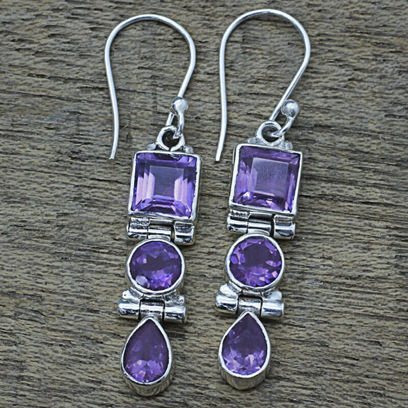 Boho Purple Ear Stud Sliver Plated Crystal Dangle Hook Drop Earrings Jewe.l8
