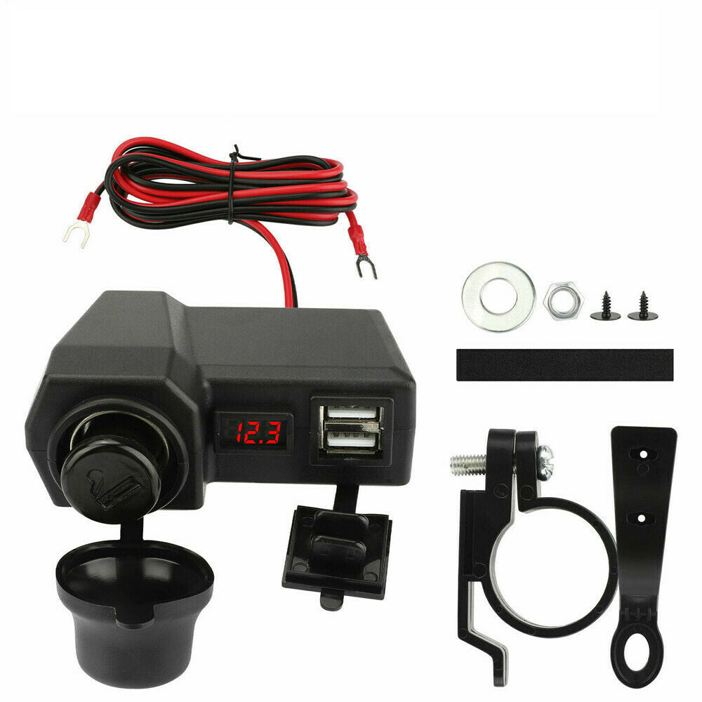 Waterproof Motorcycle Handlebar Dual USB Phone Quick Charger Voltmeter 10-24V