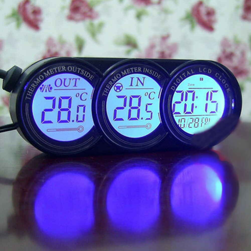 Car Mini Dashboard In/Outdoor Temperature Thermometer &Clock LCD Digital Display