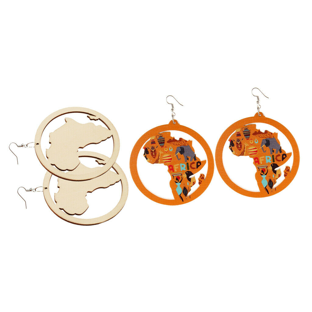 2 Pairs DIY Unfinished Wooden Earrings Africian Map Hollow Loop Earrings