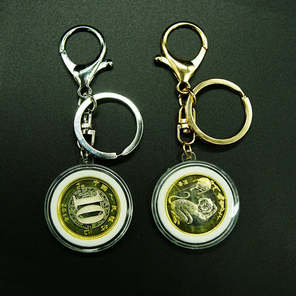 Coins Holder Keychain Round Capsule Storage Box Commemorative Case Key Ring Acc