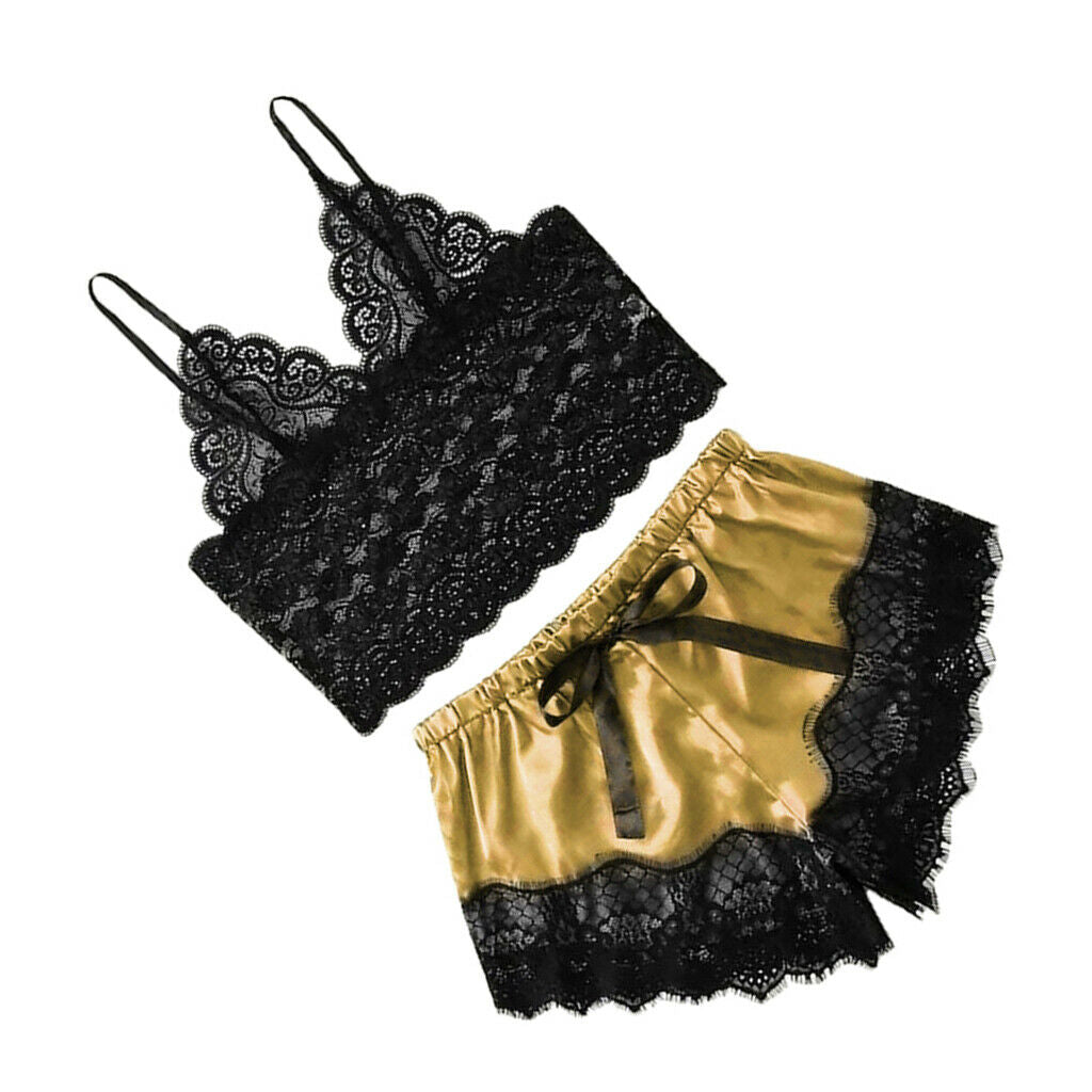 Women's Pajama Short Nightwear Lace Bralette Top & Shorts Homewear Golden XL