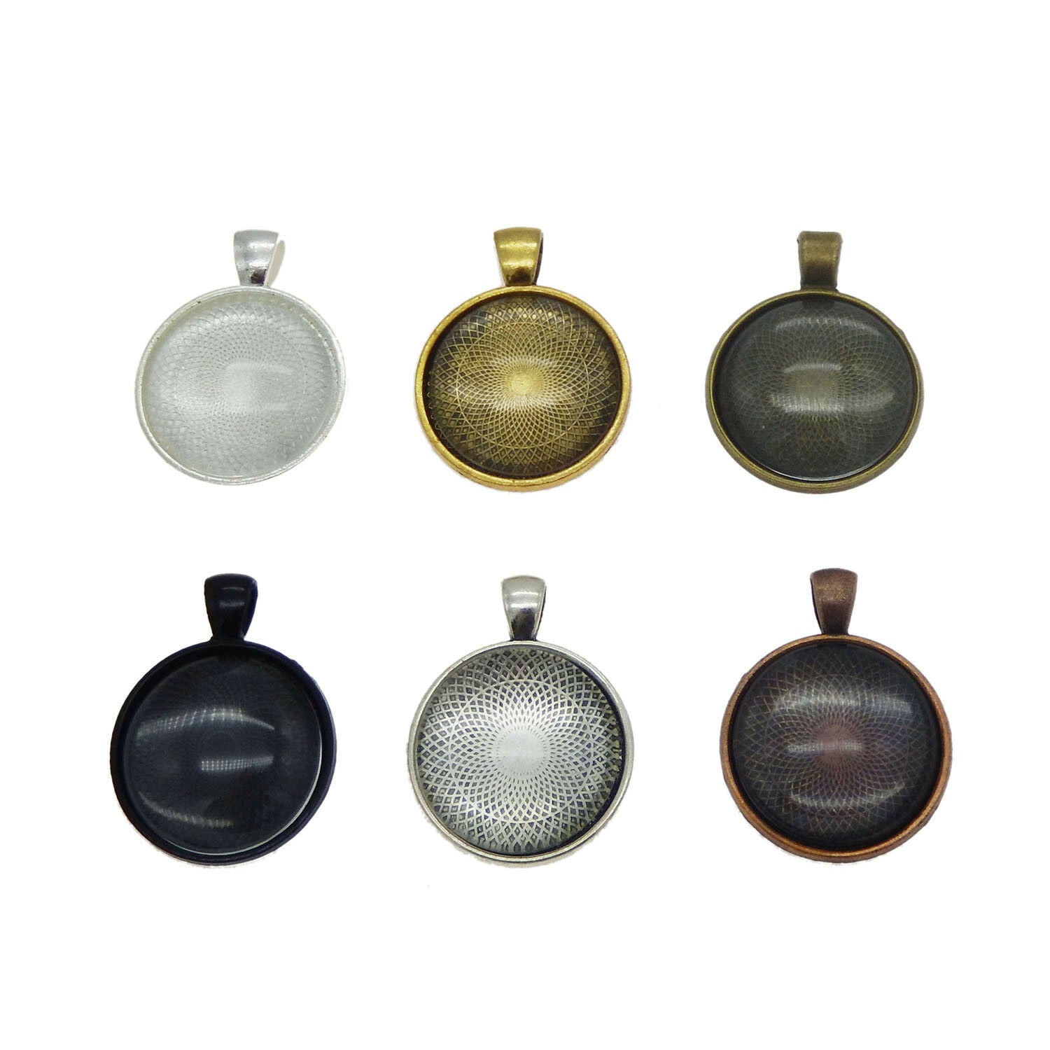 6 sets Mix Metal Alloy Base Round Clear Glass Cameo Bezel Charms Pendants