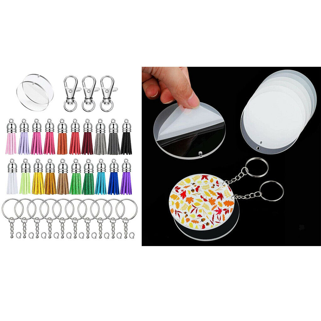100Pcs/set Acrylic Discs Keychain Blanks Tassels Pendants Key Rings DIY Handbag