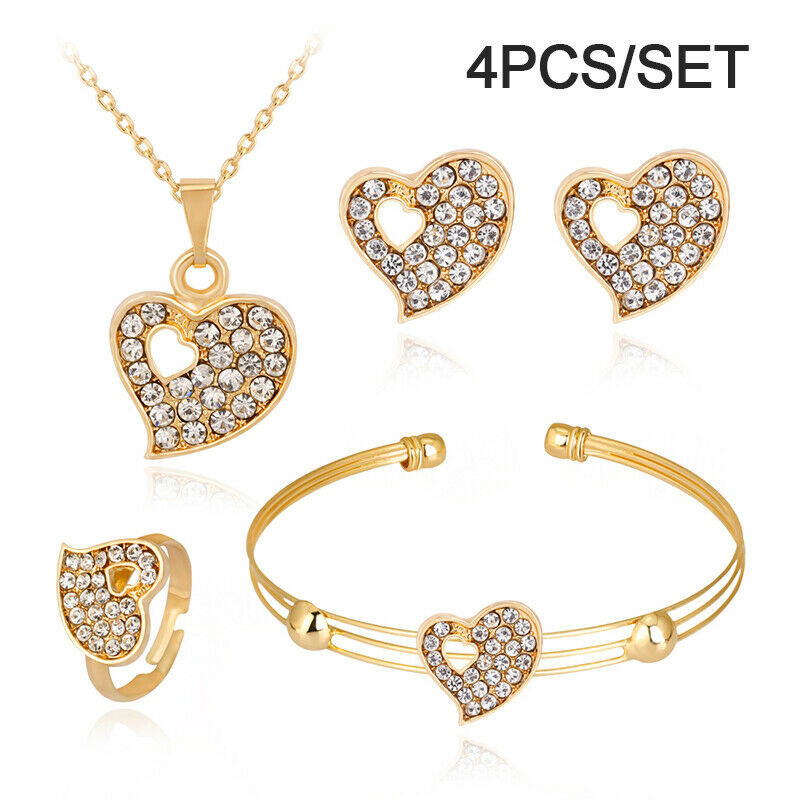 Fashion Jewelry Sets Crystal Heart Necklace Bangle Ring Earrings Wedding .l8