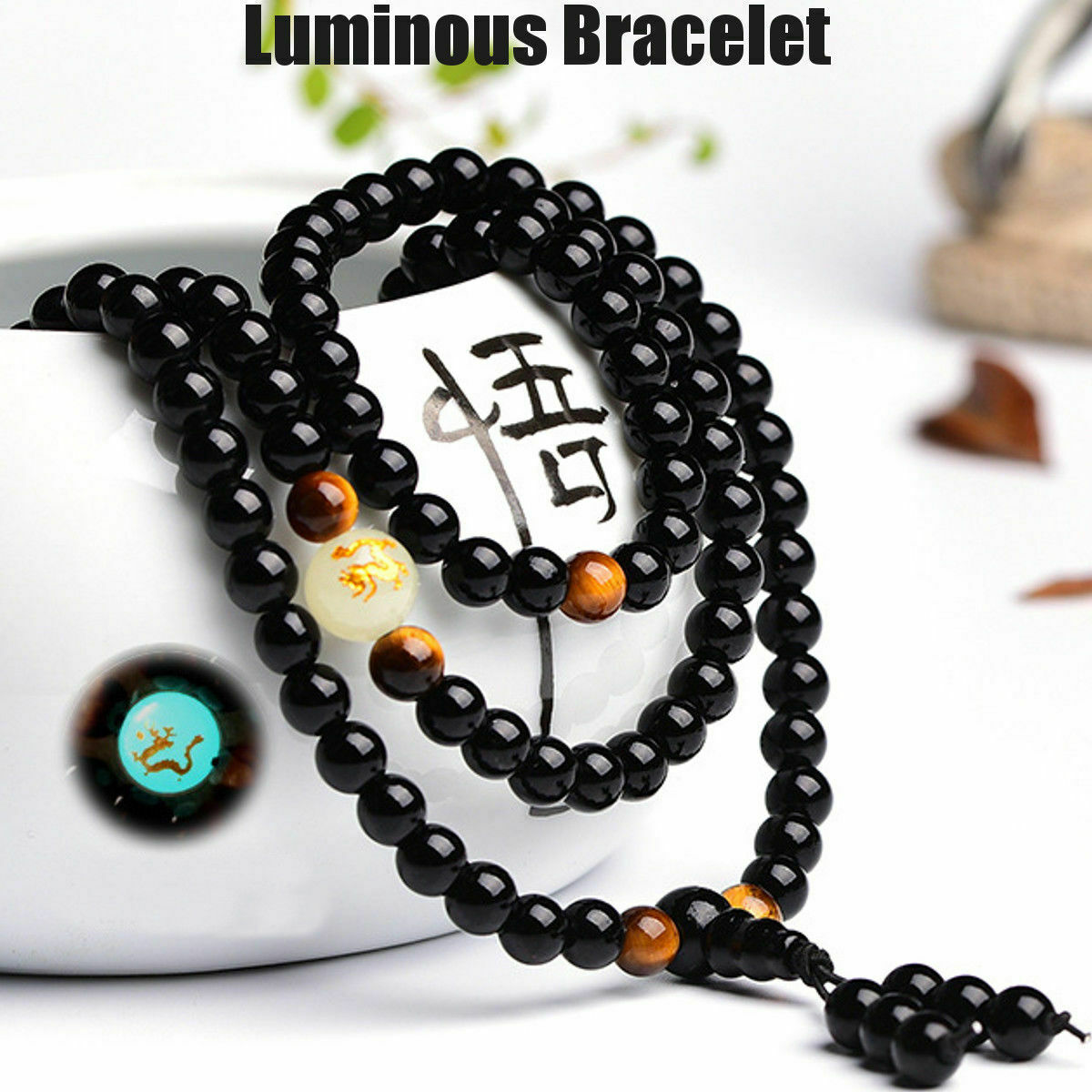 Luminous Dragon Mala Bracelet Yoga Black Onyx Men Women 108 Buddha Beads