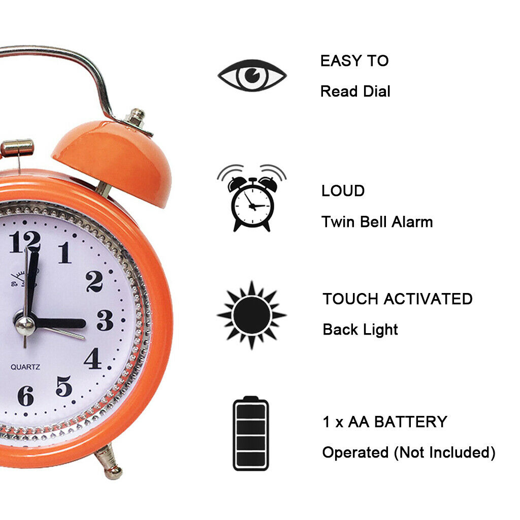 Retro metal double bell alarm clock bedside clock with orange night light