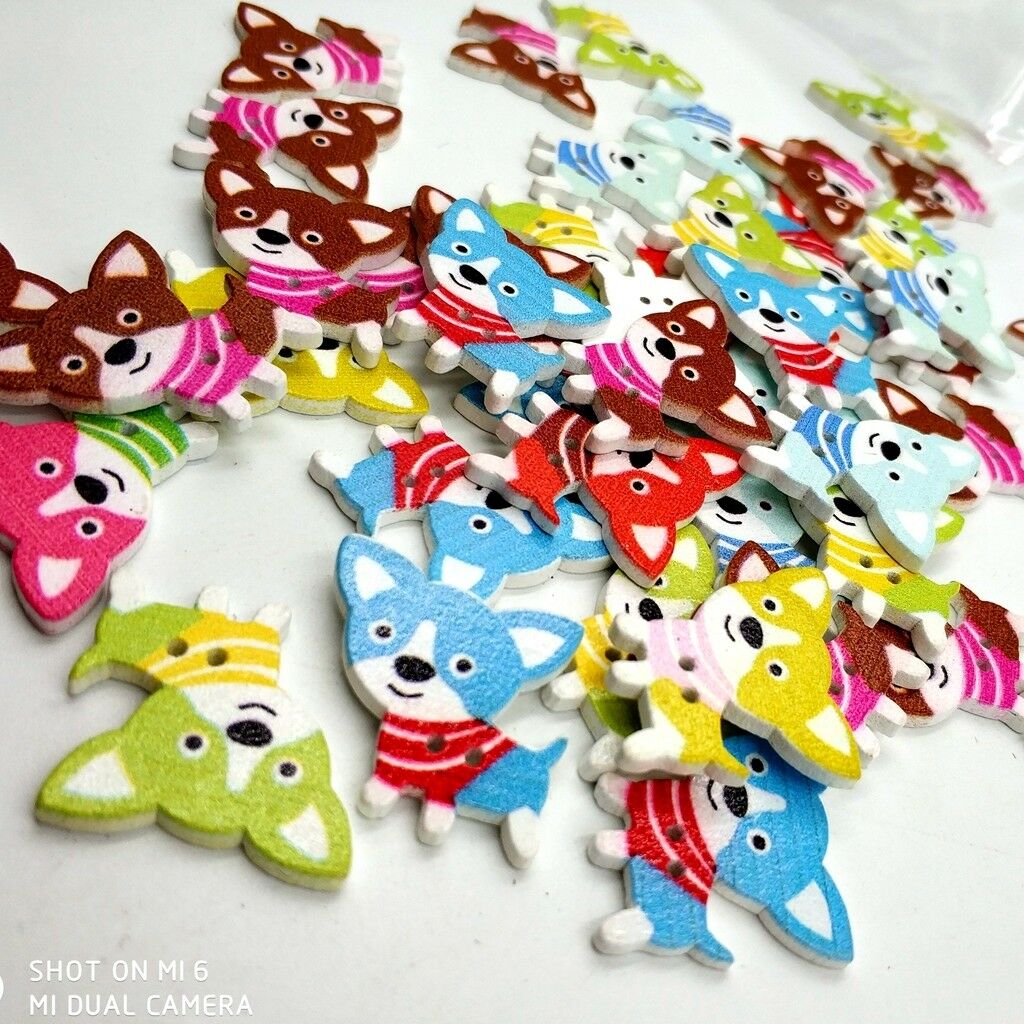 50pcs Mixed Cartoon Dog Wooden Sewing Buttons Fasteners for DIY Sewing Craft