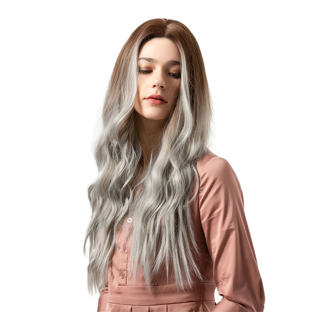 Ombre Brown Gray Long Curly Wavy Full Wigs Women Ladies Synthetic Hair 26"ï¼Œ