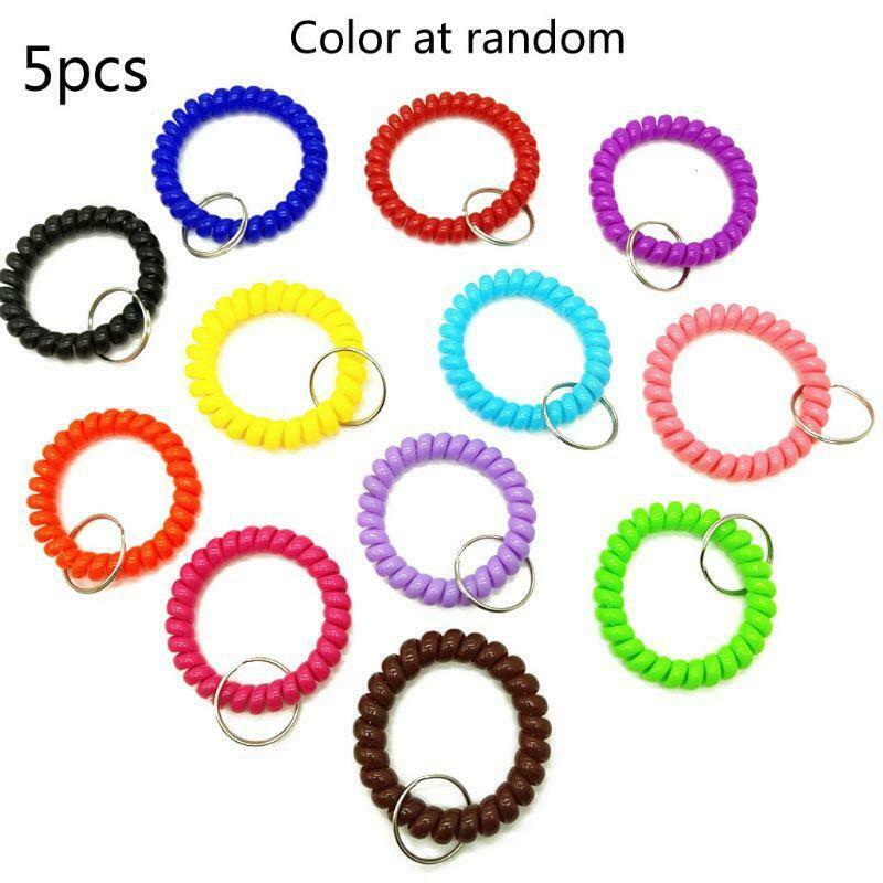 5Pcs Mixed Wrist Coil Keychains Stretch Wristband Key Ring For Gym Pool ID Badge