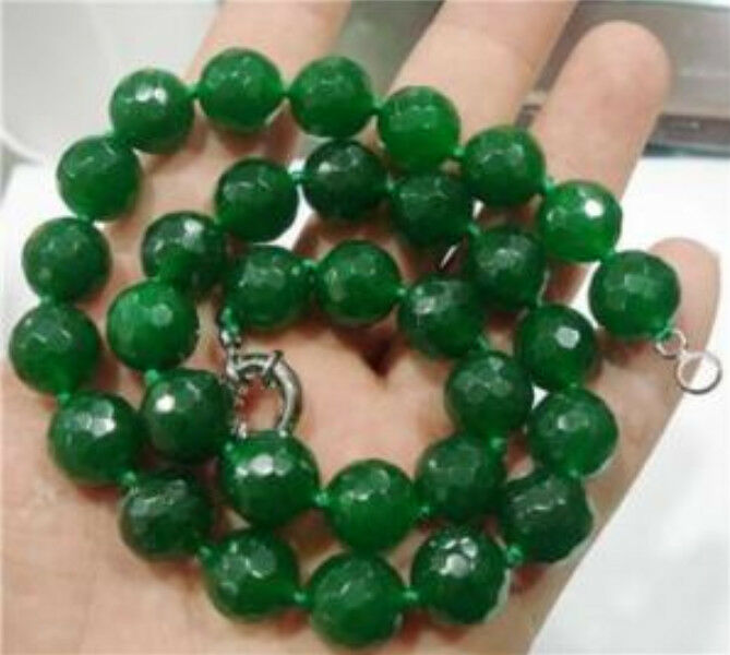 12mm Natural Emerald Faceted Beads Necklace 18"