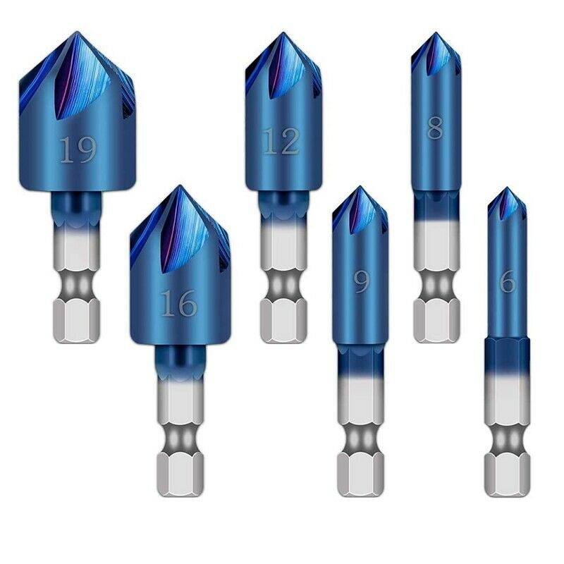 6Pcs 1/4Inch Hex Shank HSS Counter Sink Drill Bit 90 Degree 5 Flute Nano Blue Y1