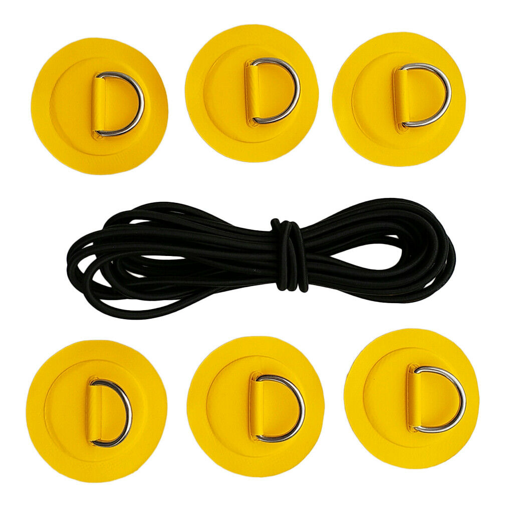 6 Pack Stainless Steel D-ring Patch Yellow Pad + 5m Black Shock Cord for Kayak
